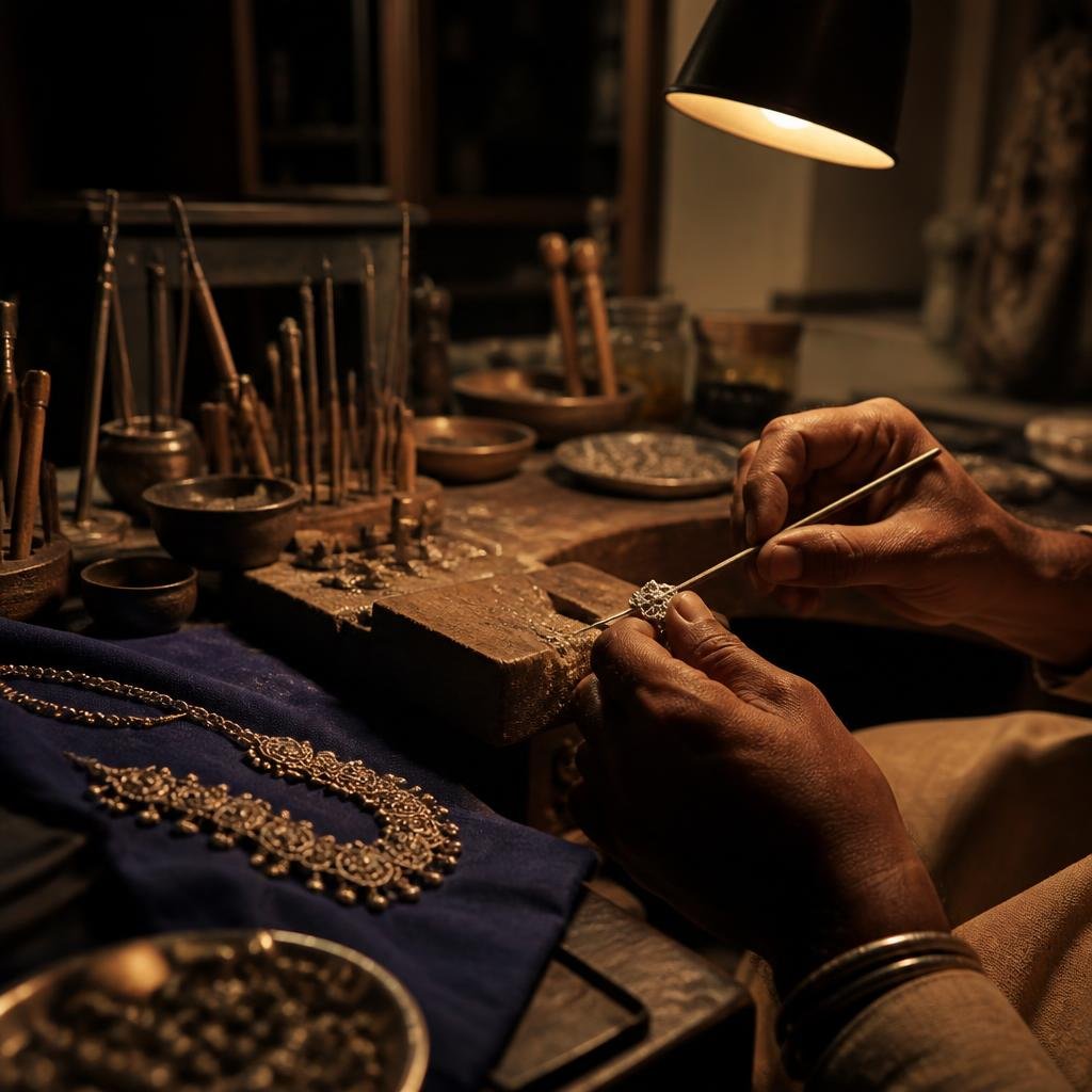 Silversmith working at the Himanshu atelier in Noida
