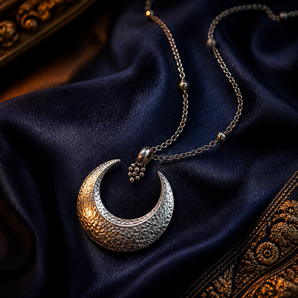 Silver crescent pendant on indigo silk