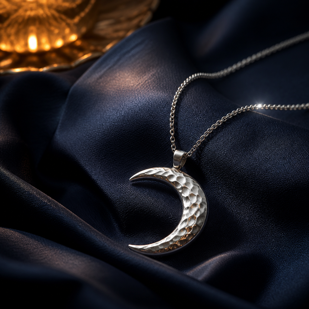 Close detail of a silver crescent pendant